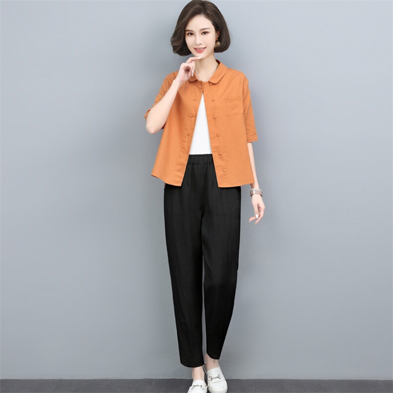 夏季套装2024新款女士休闲棉麻上衣小脚裤宽松薄款透气时尚两件套,女装套装/套裙,璐依舞