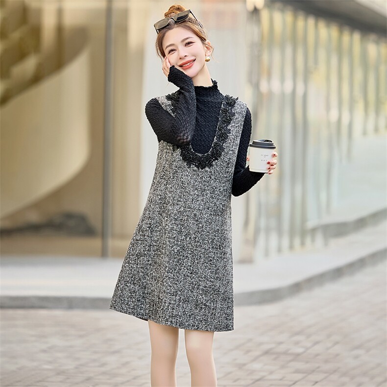 2025春季小香风打底衫重工亮钻钉珠绣花背心裙时尚，女装连衣裙，天丝秀