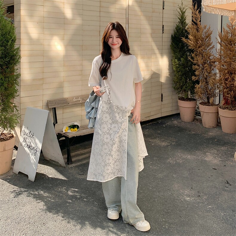蕾丝拼接白色不规则T恤连衣裙女夏2025新款爆款流行巨好看超火,女装连衣裙,2C123