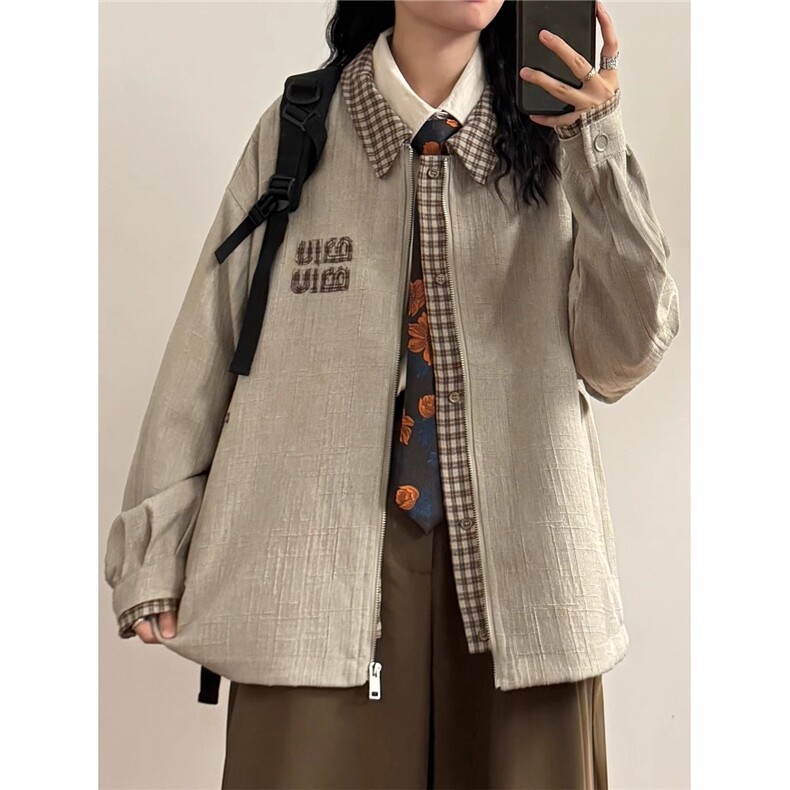 W647-P68MIU家老钱风假两件拼接外套Cleanfit美式复古千鸟格,女装短外套,电商B323A