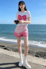 简约个性休闲时尚套装女夏新款刺绣蝴蝶结上衣粉色牛仔短裤两件套，女装套装/套裙，江南