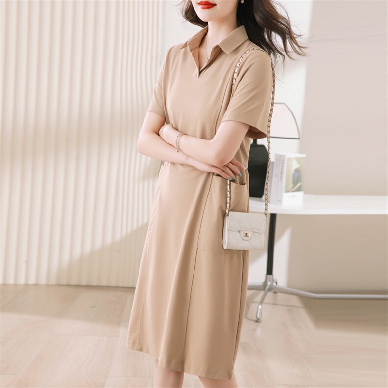 休闲直筒polo连衣裙2024新款气质翻领短袖裙子女夏中长款,女装连衣裙,涵誉