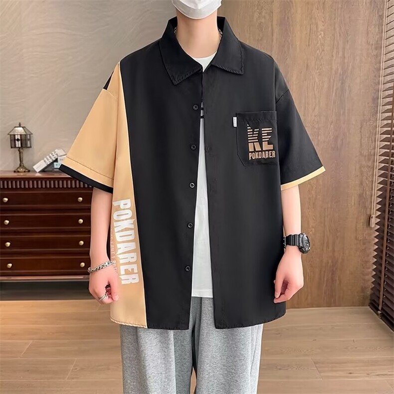 工装短袖衬衫男款夏季撞色宽松衬衣美式复古休闲潮流纯色拼接半袖图片