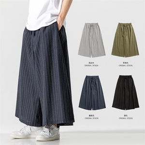 夏 大码日系休闲裤条纹直筒阔腿裤棉麻裤风裙裤暗黑 K333/P70图片