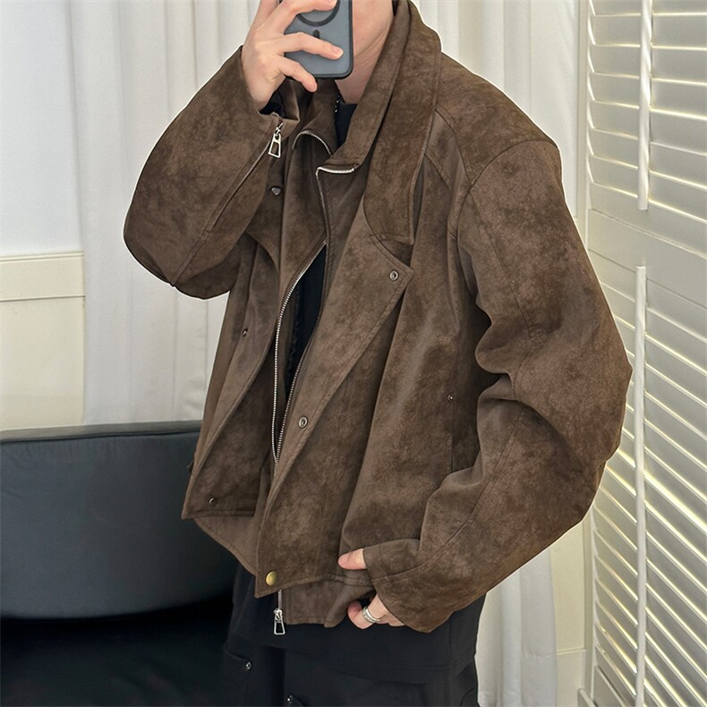 新款痞帅设计感皮衣外套男短款双层领夹克A351-AP2594-P155控288,男装夹克,电商A351