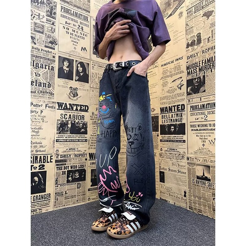 美式高街手绘涂鸦牛仔裤男款秋冬小众设计感裤子直筒修身微喇长裤,男装牛仔裤,星座410-6（原星座1304-1）