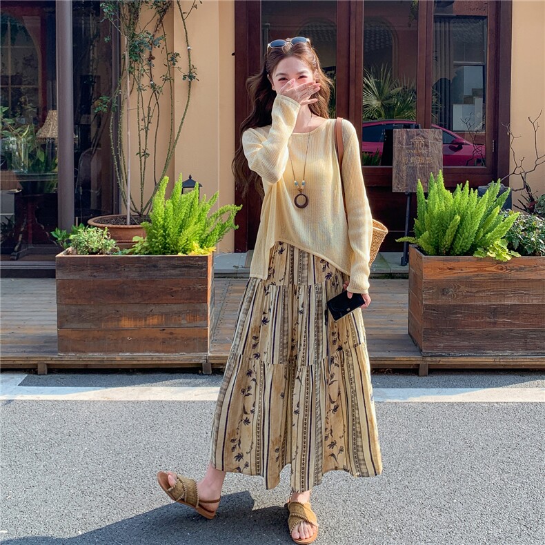 度假风针织罩衫印花半身裙套装女春季氛围感穿搭一整套,女装套装/套裙,维壹