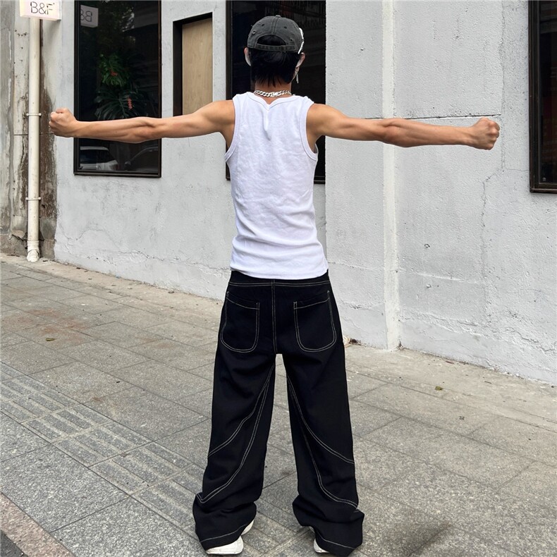美式解构丹宁弯刀牛仔裤男潮牌可拆卸方巾设计感宽松直筒阔腿长裤,男装牛仔裤,四季星座505