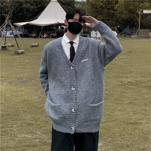 秋冬季新款美式复古休闲灰色慵懒风V领针织衫毛衣男XZ021-P53图片