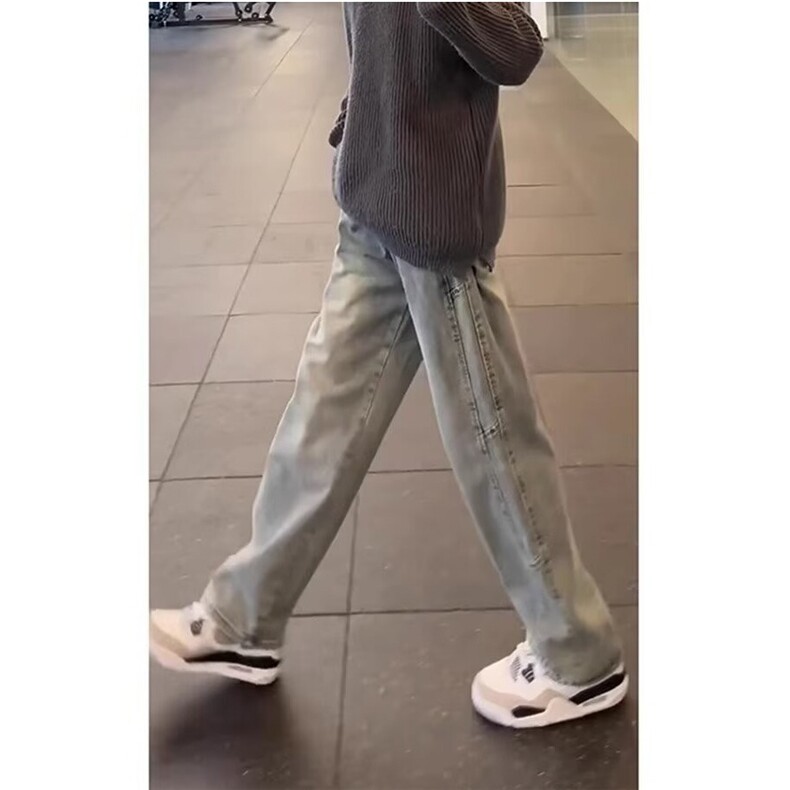 美式高街男秋季浅蓝色抽绳牛仔裤阔腿宽松弯刀直筒微喇裤XA271,男装牛仔裤,星座208-5
