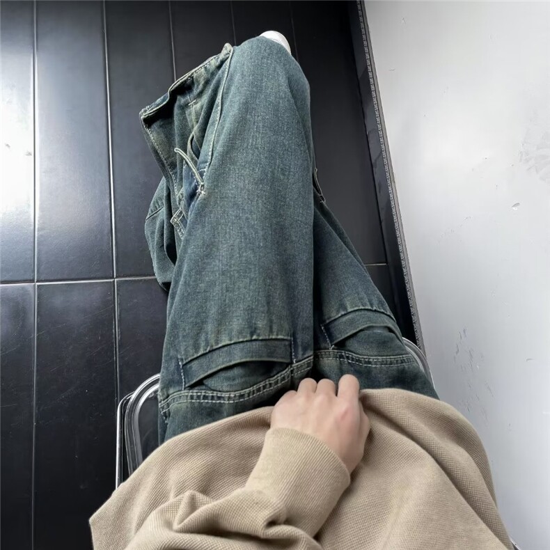 美式复古设计感多口袋牛仔裤男高街直筒潮牌阔腿拖地工装裤子ins,男装牛仔裤,星座601-2