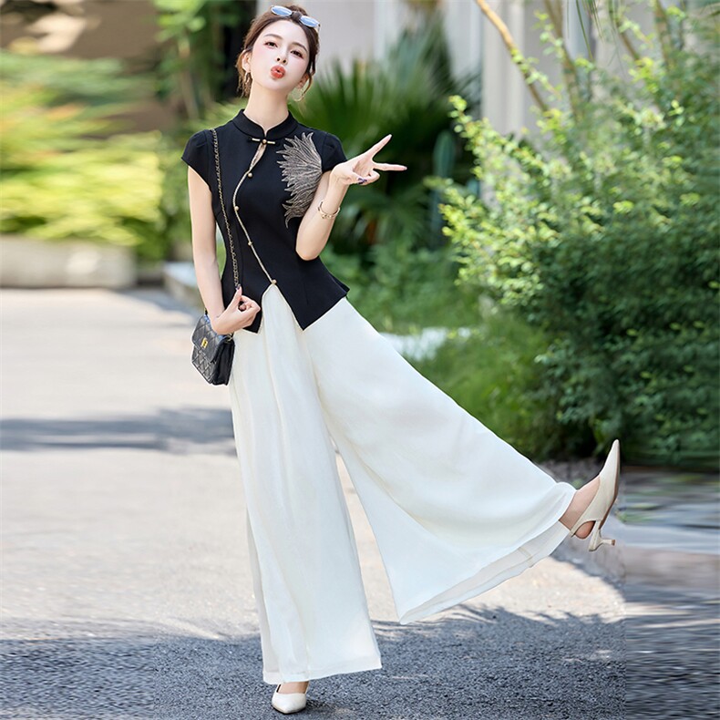 中式国风时尚流行刺绣套装女2025夏日巨好看的唐装阔腿裙裤两件套,女装套装/套裙,玖莱伊