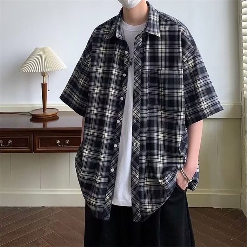 2256港风格子短袖衬衫男装条纹宽松薄款半袖衬衣外套上衣五分袖,男装衬衫,星座308A-1（原309B-1）