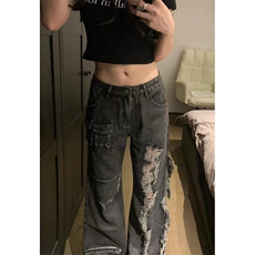 直筒破洞毛边牛仔裤男女春秋季宽松高腰阔腿工装裤NT200，男装牛仔裤，星座1116A（原606A-3）