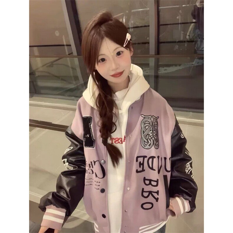 美式紫色字母刺绣拼色棒球服外套男女宽松春季潮高街夹克JLS681,男装夹克,星座1116A（原606A-3）