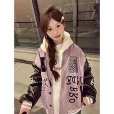 美式紫色字母刺绣拼色棒球服外套男女宽松春季潮高街夹克JLS681，男装夹克，星座1116A（原606A-3）