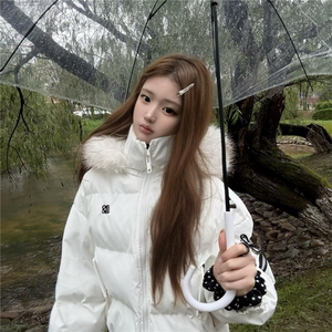 美式复古可拆卸毛领连帽棉服女冬季短款收腰显瘦ins百搭棉衣外套图片