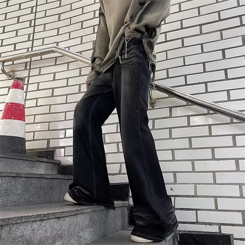 美式潮牌水洗做旧猫须磨破宽松复古微阔腿百搭牛仔裤垂感长裤男女图片