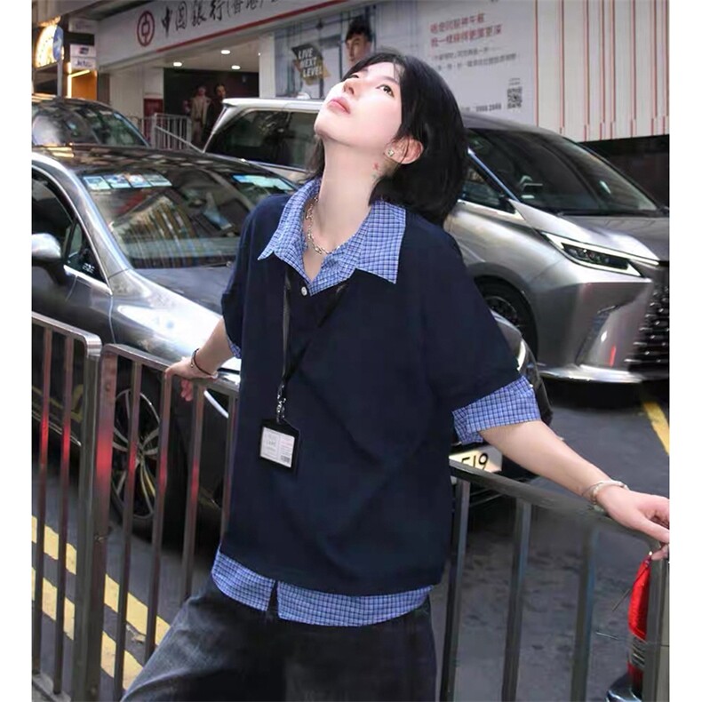 得物抖音高品质二开夏季美式潮牌高街假两件格子衬衣翻领短袖T恤,男装T恤,电商A486