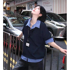 得物抖音高品质二开夏季美式潮牌高街假两件格子衬衣翻领短袖T恤，男装T恤，电商A486