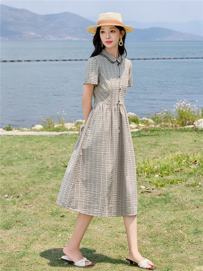 学院风格纹连衣裙女春夏收腰显瘦中长裙格子裙子,女装连衣裙,水衣源