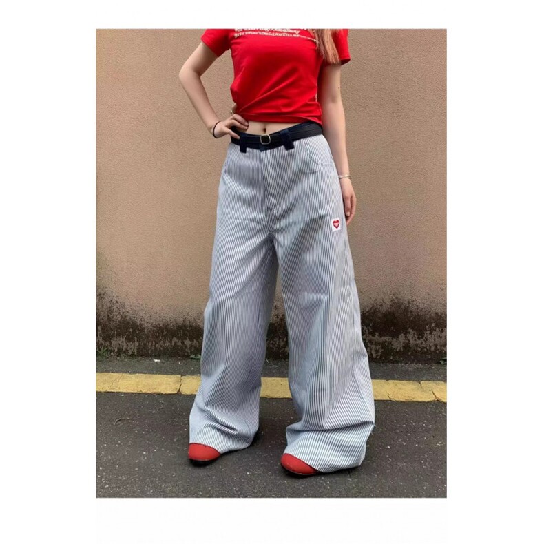 美式复古爱心刺绣竖条纹休闲裤男女小众宽松休闲阔腿拖地长裤简约,男装休闲裤,星座506A