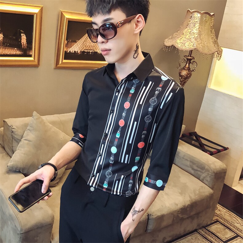 2021新款男社会风印花衬衫服修身休闲中袖夜店衬衣工作服D445,男装衬衫,星座419（原A233）