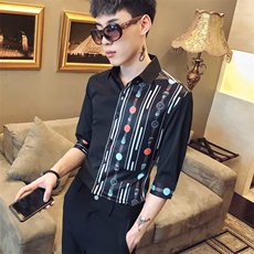2021新款男社会风印花衬衫服修身休闲中袖夜店衬衣工作服D445，男装衬衫，星座419（原A233）