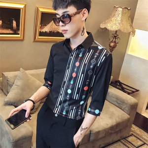 2021新款男社会风印花衬衫服修身休闲中袖夜店衬衣工作服D445图片
