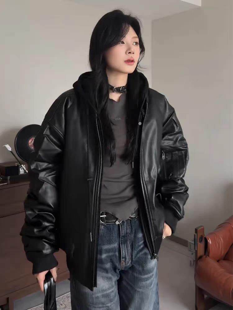 连帽pu皮衣外套男女新款春秋宽松美式假两件皮夹克上衣LB1012-P95,男装夹克,星座1008
