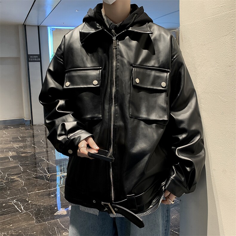 港风秋冬款男皮夹克假两件连帽工装织带大口袋皮衣外套JK065P80,男装夹克,星座1013-1