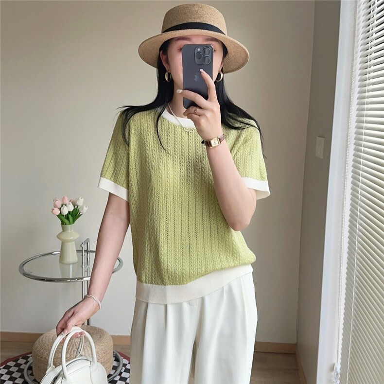 短袖t恤女夏季2025新款显瘦宽松大码条纹冰丝针织上衣，女装T恤，九嘉羊绒