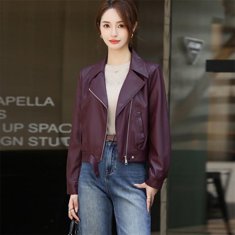 翻领港味休闲宽松显瘦时尚百搭短款皮衣外套女2024秋季新款皮夹克,女装皮衣,欧兰熙