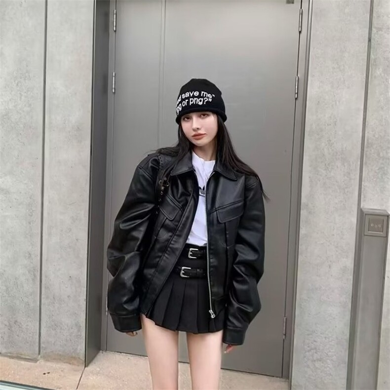 美式复古短款皮衣外套女士宽松小个子设计感机车服秋季新品皮夹克,男装夹克,星座506A