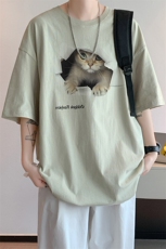 已注册/夏季内景可爱小猫短袖T恤男潮重磅宽松打底衫DT00493/P25，男装T恤，电商B316