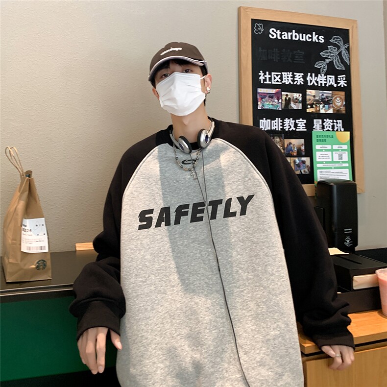 港风秋款字母印花拼接插肩袖圆领卫衣WY812P48控68,男装卫衣,电商A247