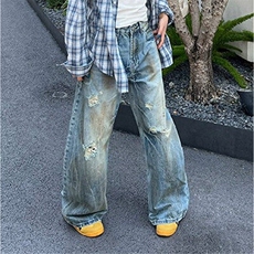 美式复古cleanfit裂纹破洞水洗牛仔裤男女脏旧宽松显瘦长裤N701，男装牛仔裤，星座1116A（原606A-3）
