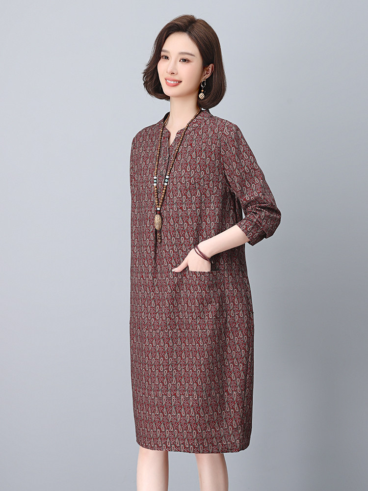 小个子棉麻直筒连衣裙春装大码妈妈中老年裙子宽松遮肚子气质短裙,女装连衣裙,依恋蒂丝