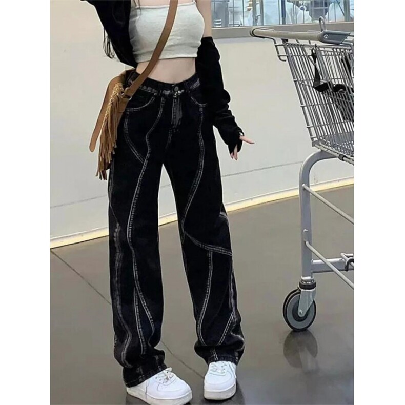 美式复古vibe风牛仔裤女夏季高街ins潮水洗做旧直筒裤 N519图片