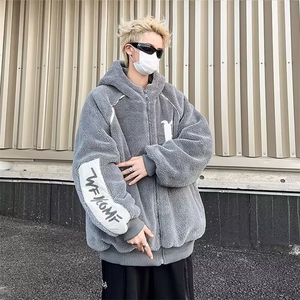羊羔绒外套男秋冬季加绒保暖连帽棉衣青少年潮牌刺绣夹克冬装上衣图片
