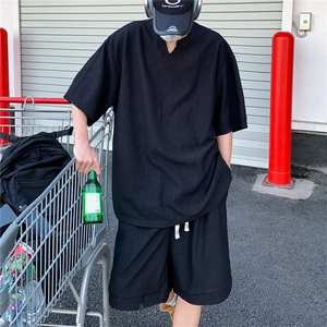 2026夏V领短袖冰丝T恤套装大码男纹理提花半袖 TZ5677/特P45 黑3图片