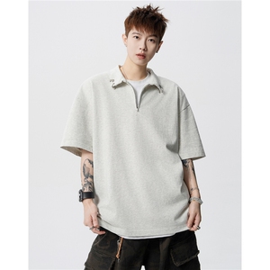 美式半拉链金属扣POLO衫男夏季高街翻领潮牌短袖情侣上衣D417 P48图片