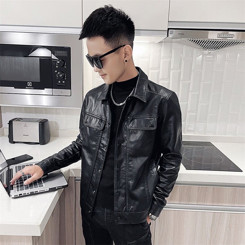短款工装翻盖口袋皮衣男外套秋冬季男士皮夹克P9803-P115绒125,男装夹克,电商A368