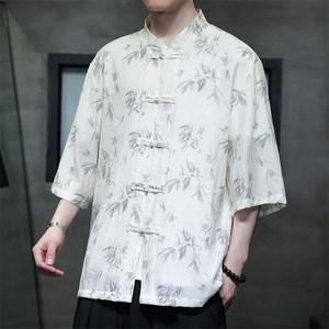 2025夏季新款风男装盘扣新中式唐装书法印花衬衫 C115-P50图片