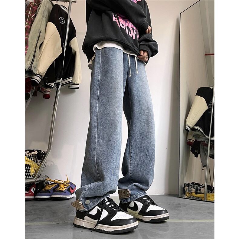 vibe风~美式高街裤脚纽扣装饰直筒牛仔裤5XZ502-K611-P55控78,男装牛仔裤,星座502