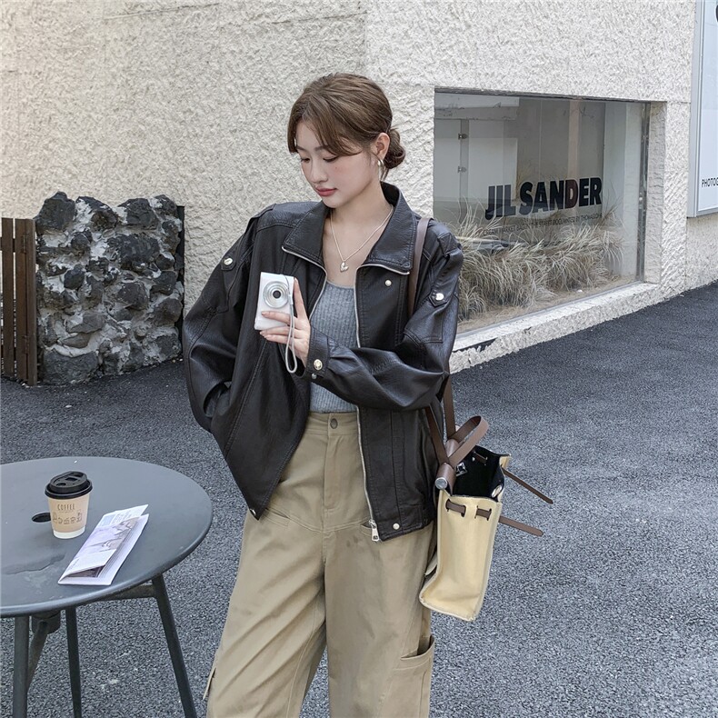 仿蛋白PU皮衣外套女2025秋季新款高级感翻领夹克女韩版时尚显瘦潮,女装皮衣,意芙