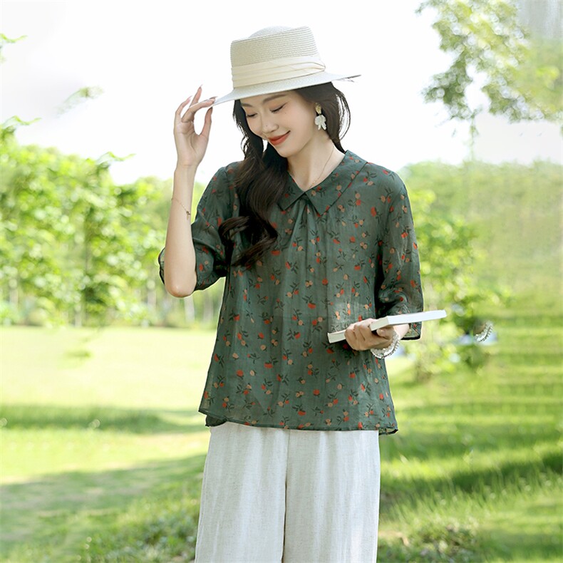 2025夏季新款碎花小衫复古宽松短袖女娃娃领上衣高级感减龄衬衫潮,女装衬衫,凝聚力