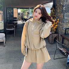卡其色休闲运动套装女2025夏季新款韩系时尚轻薄防晒短裤两件套潮，女装套装/套裙，浙宝276（原081）