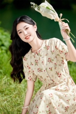 高级感复古碎花纯棉短袖连衣裙女2026夏季新款收腰显瘦气质长裙子，女装连衣裙，倪叶myz