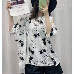 活动价露肩宽松大版雪纺衫休闲百搭印花小熊小衫上衣高品质，女装蕾丝衫/雪纺衫，美吧服饰